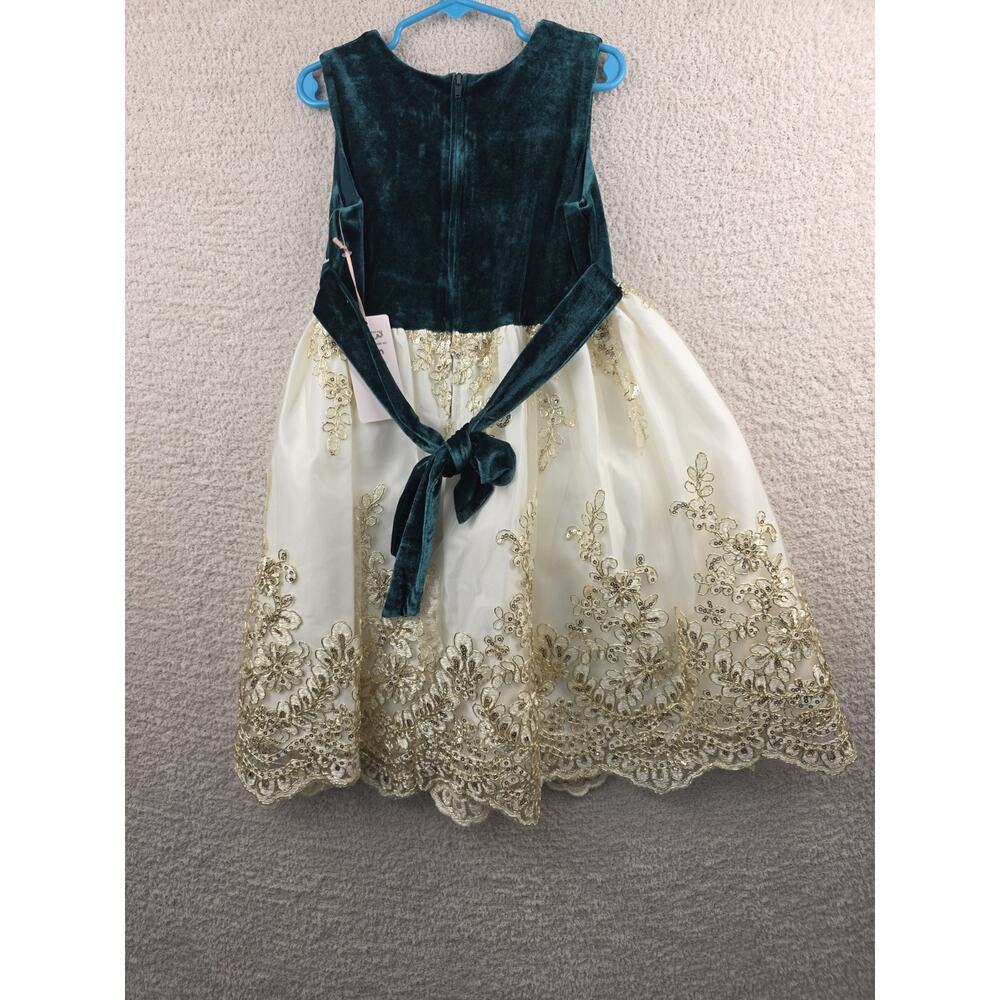 Biscotti Collezioni Girls Green Velvet and Ivory Gold Embroidered Formal Dress 6 - Picture 5 of 15